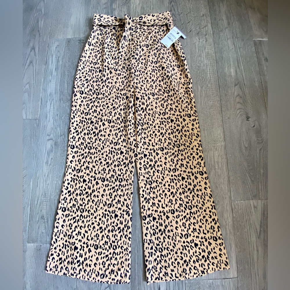 Leith, Tan Sketched Animal Print wide leg trousers with waist tie.